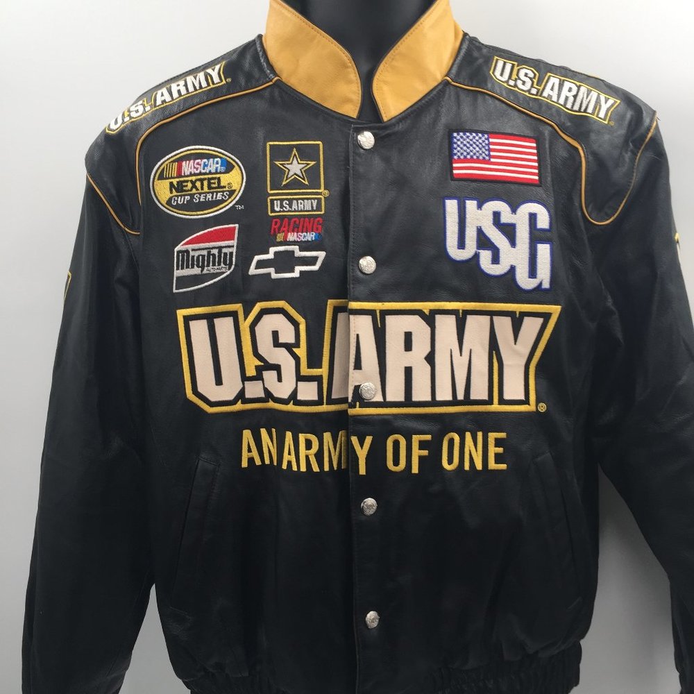 JH Design NASCAR Army Leather Bomber Jacket reversible camo SZ M Mark Martin Era